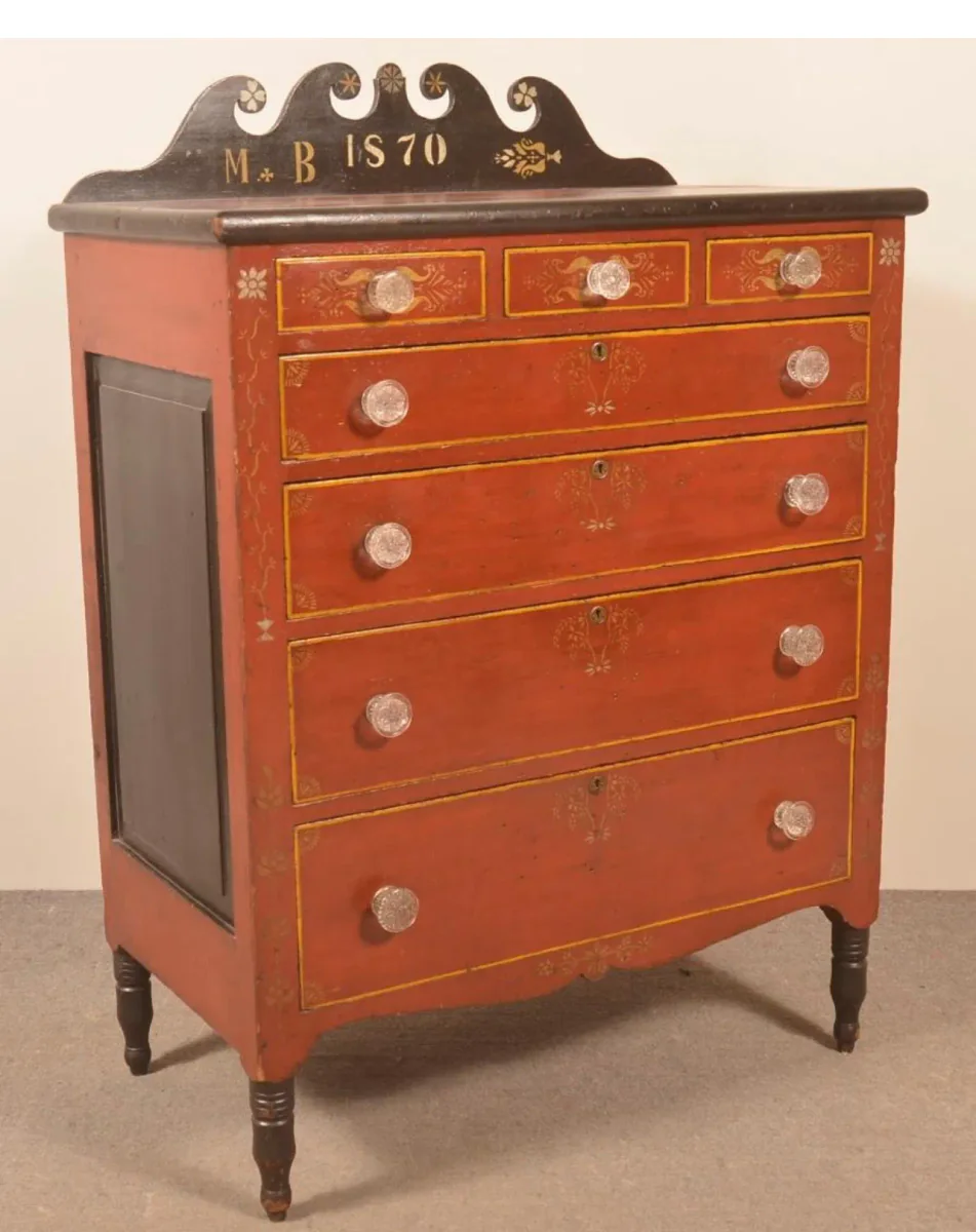 Painted folk-art chest of drawers dated 1870, with red ground, floral decoration, original-style hardware, and scalloped backboard