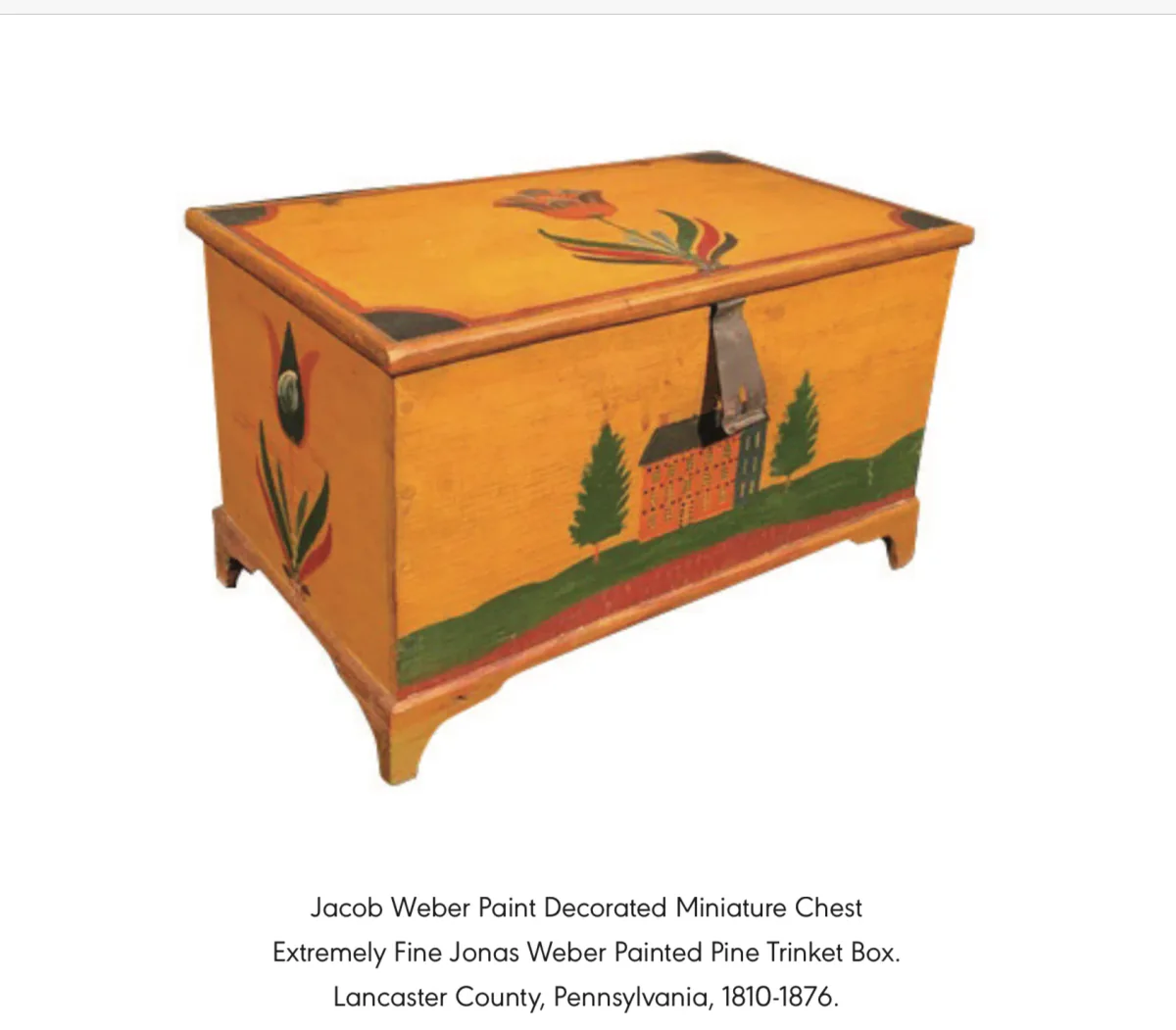 Lancaster County miniature painted chest attributed to the Weber family, with tulips and an architectural scene