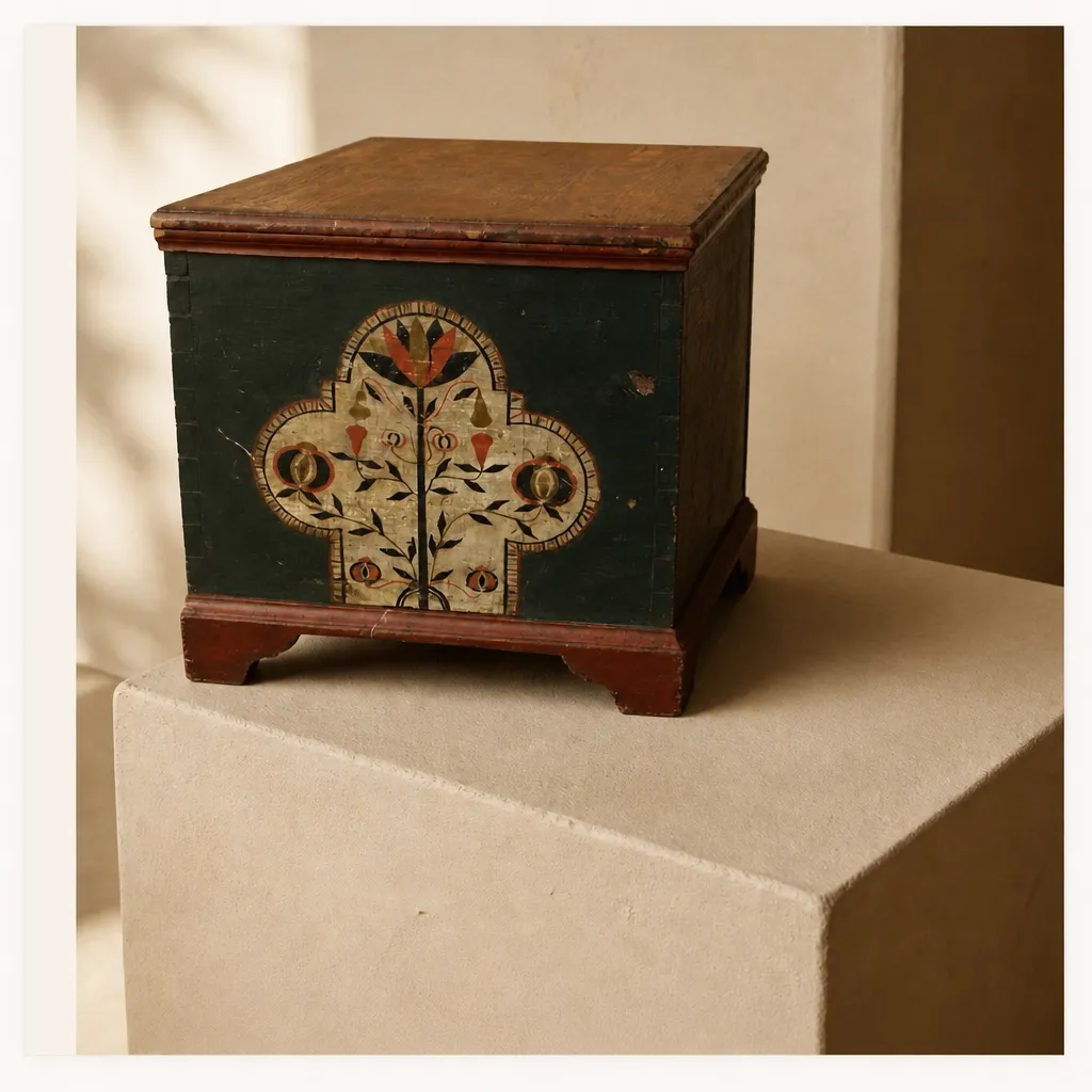 Painted folk-art wooden chest on a cream gallery pedestal