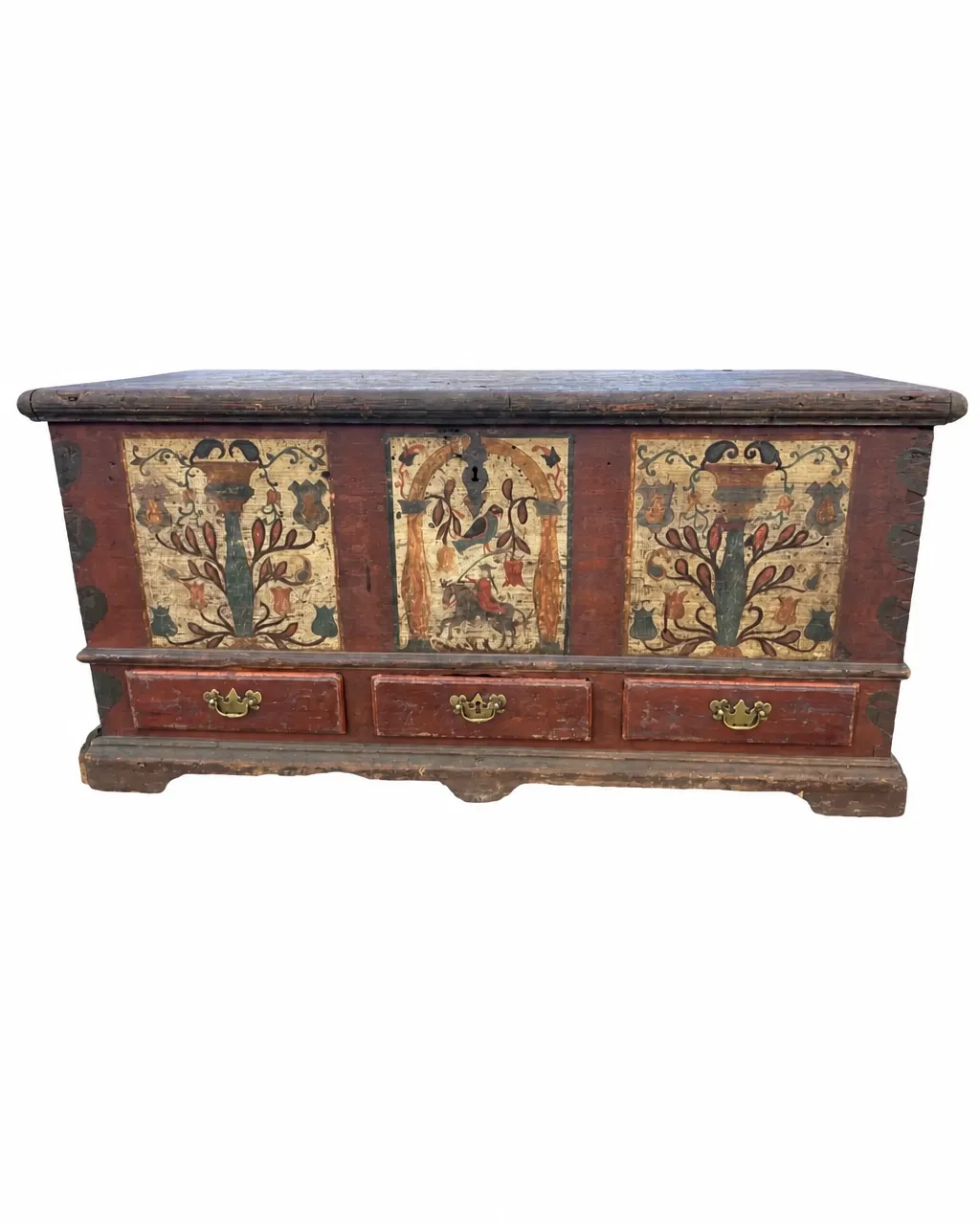 1778 Pennsylvania poplar dower chest attributed to the Black Unicorn Artist, isolated on a white background