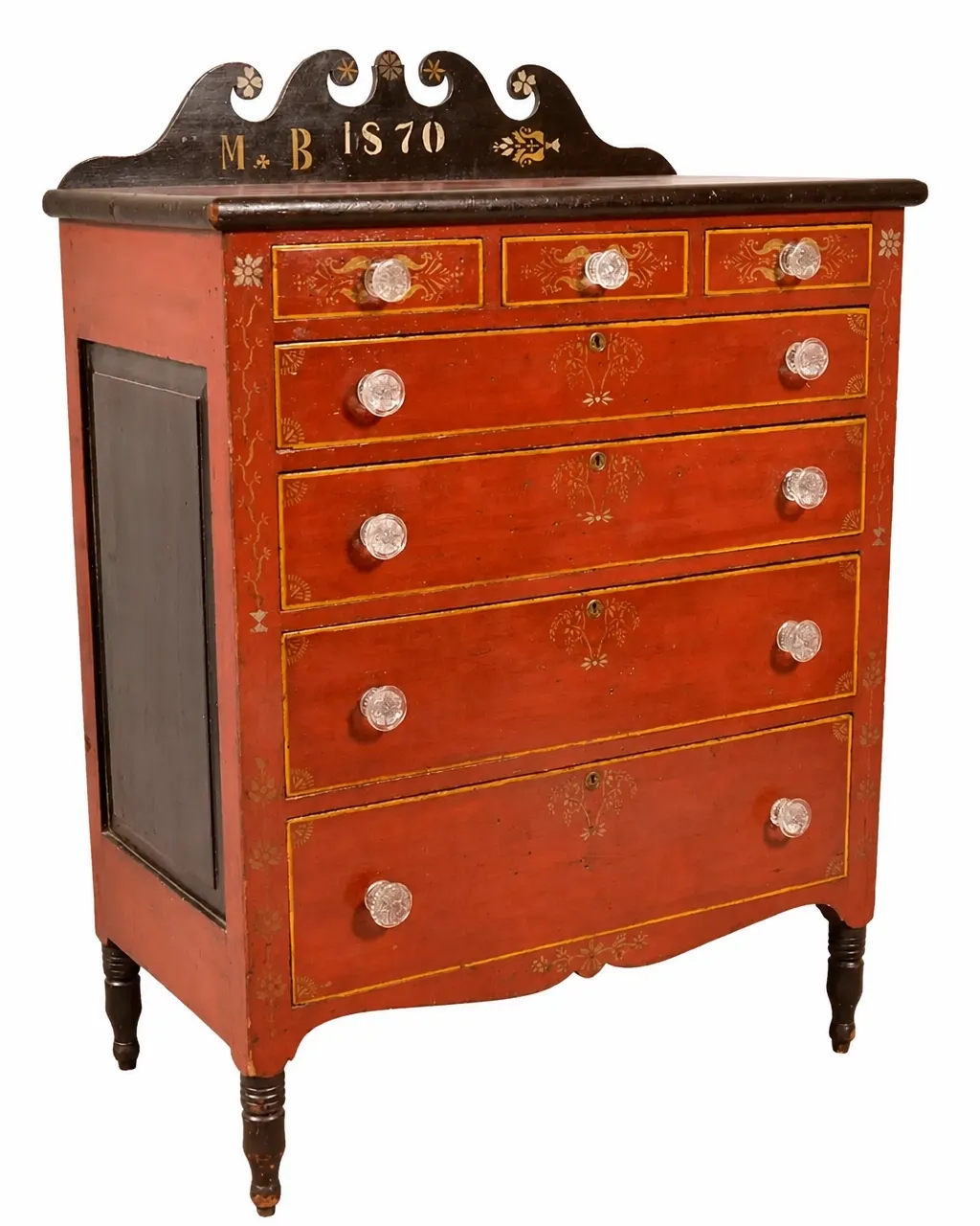 Painted folk-art chest of drawers dated 1870 isolated on a white background