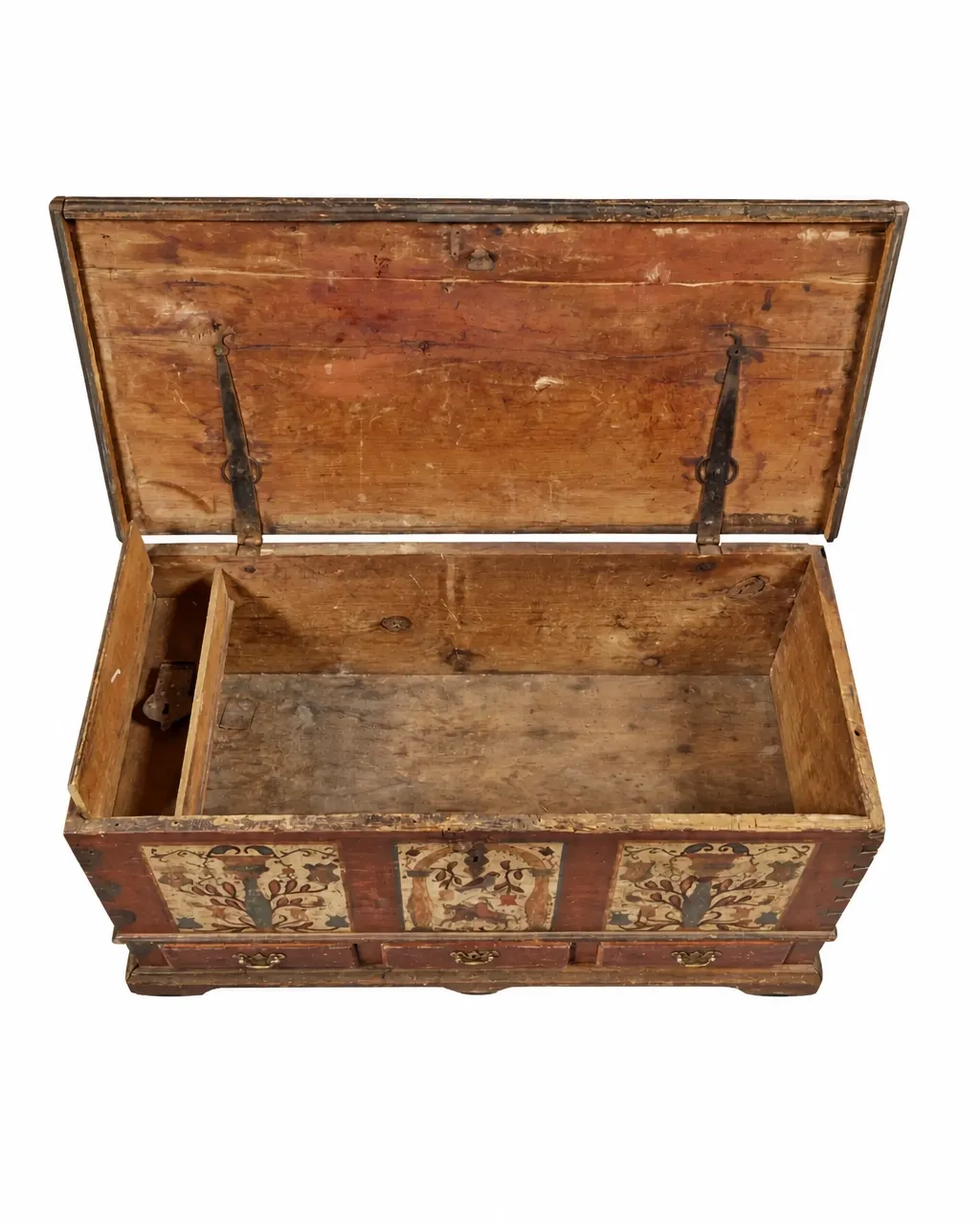 18th-century painted wooden blanket chest with an open lid and visible forged hinges, isolated on a white background