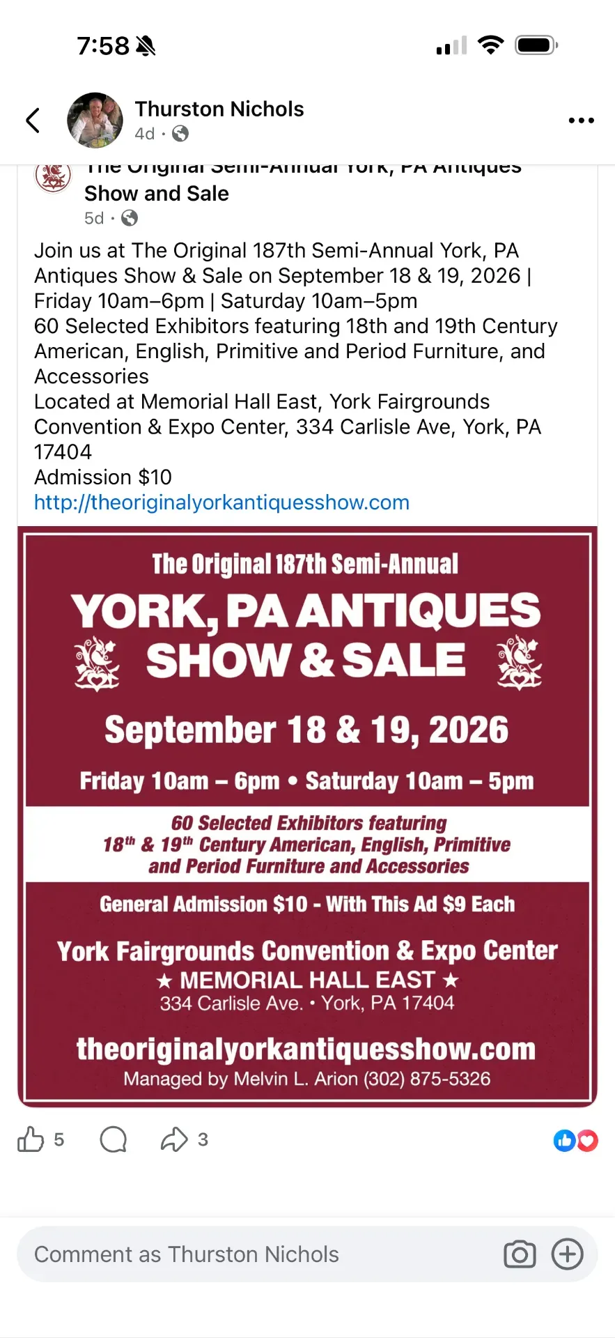Announcement for The Original 187th Semi-Annual York, PA Antiques Show & Sale on September 18 and 19, 2026